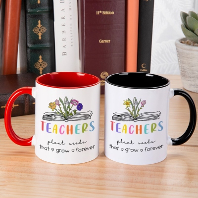 Personalized Birth Flower Book Teacher Mug, Custom 11oz Ceramic Bouquet Mug, Teachers Plant Seeds Coffee Mug, Teacher Appreciation Gift for Teacher