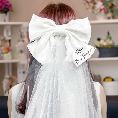 Personalized Bride Bow Veil with Message, White Bow Veil for Wedding, Hen Party Veil, Bachelorette Party Favor, Wedding Gift for Bride/Bridesmaid