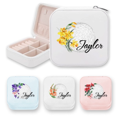 Personalized Name Birth Flower Golf Jewelry Box, Leather Travel Jewelry Case, Bachelorette Party Favor, Wedding/Birthday Gift for Golf Lover/Women/Her