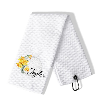 Personalized Birth Flower Waffle Weave Golf Towel, Custom Name Highly Absorbent Sports Towel with Hanging Clip, Gift for Female Golfer/Golf Lover