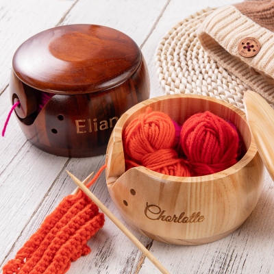 Personalized Wood Yarn Bowl for Knitting & Crochet, Custom Engraved Yarn Storage Bowl, Birthday/Mother's Day Gift for Her/Mom/Grandma/Knitting Lovers