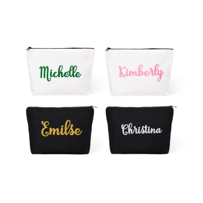 Custom Name Glitter Makeup Bag, Zippered Toiletry Bag Canvas Cosmetic Pouch, Bachelorette Party Favor, Birthday/Bridesmaid/Christmas Gift for Her