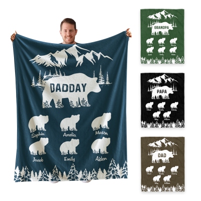 Personalized Papa Bear Blanket with Kids' Names, Family Flannel Fleece Blanket, Housewarming Decor, Birthday/Father's Day Gift for Dad/Grandpa/Him