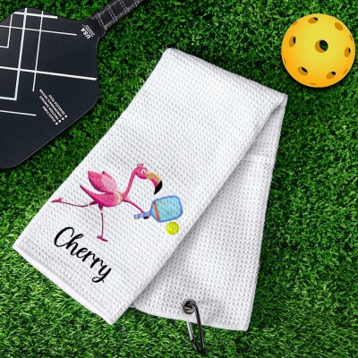 Personalized Flamingo Pickleball Towel, Custom Name Waffle Weave Sport Towel, Highly Absorbent Towel with Hanging Clip, Gift for Pickball Lover