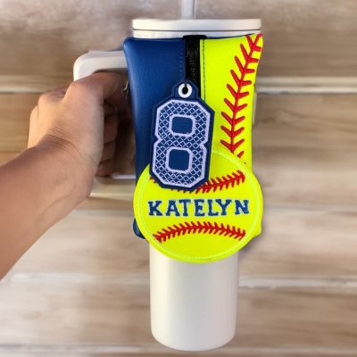 Custom Leather Softball Tumbler Pouch with Letter Number Charm, Travel Mug Cup Accessory, Softball Mom Gift, Sports Gift for Player/Softball Lover