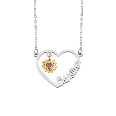 Custom Heart Name Halsband med Birthstone Solros, You Are My Sunshine Necklace, födelsedag/alla hjärtans dag/mors dag present till henne/mamma/familjen