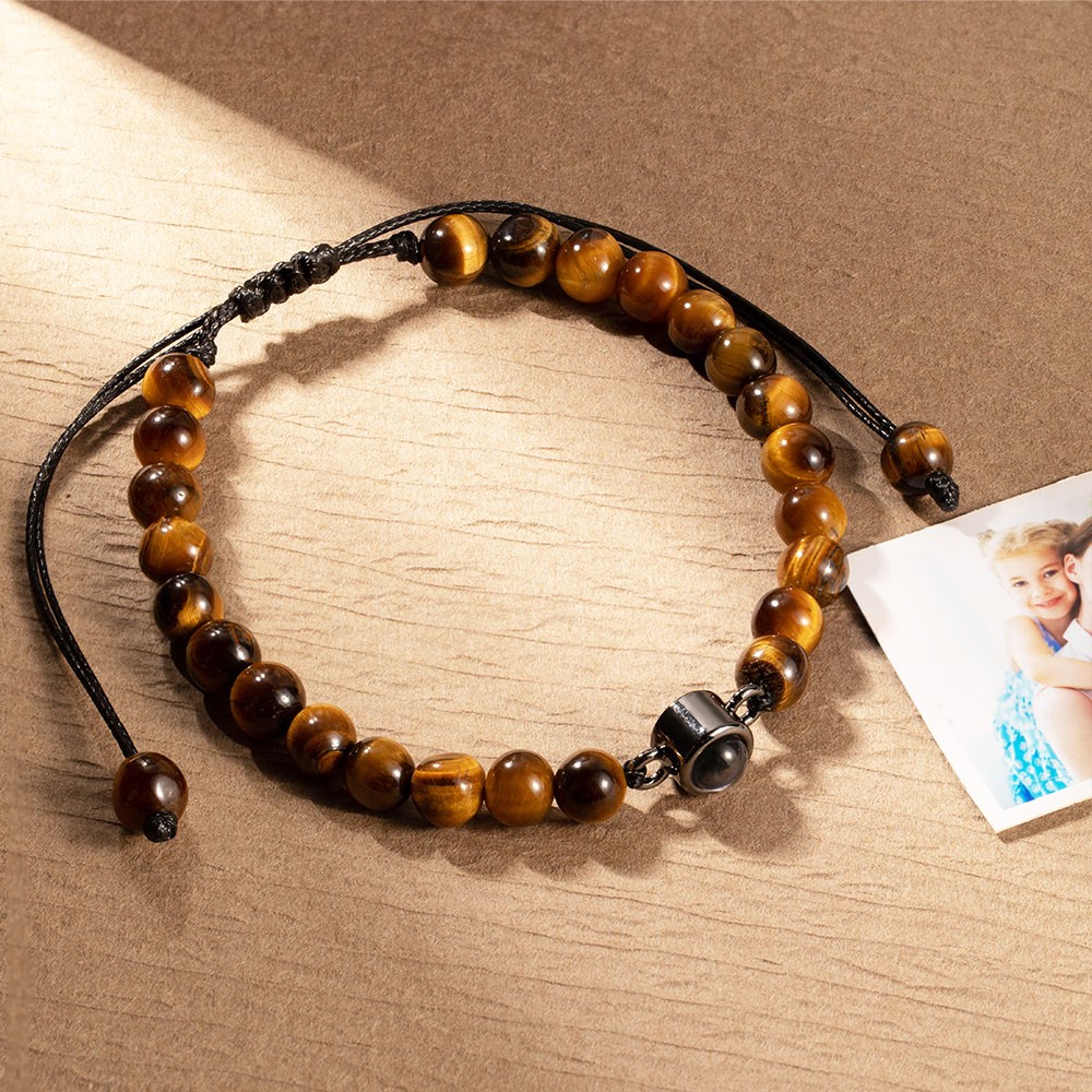 Custom Photo Projection Adjustable Tiger Eye Bracelet, Natural Round Crystal Gemstone Healing Bracelets, Birthday/Father's Day Gift for Men