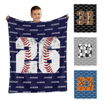 Custom Name and Number Ball Game Blanket, Flannel & Sherpa Baseball/Football/Soccer/Basketball Match Day Blanket, Sports Gift for Dad/Grandpa/Him