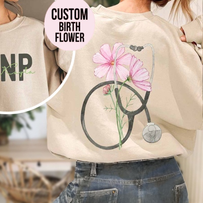 Personalized Birth Flower Stethoscope Nurse Shirt, NP Crewneck Nurse T-Shirt/Sweatshirt, Appreciation/Graduation Gift for Doctor/Nurse/Medical Staff