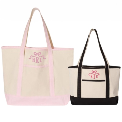 Personalized Coquette Bow Heavy Canvas Bag, Embroidered Monogram Tote Bag, Shopping Bag Beach Bag, Vacation/Wedding/Birthday Gift for Bridesmaids/Her