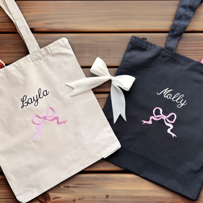 Personalized Name Coquette Bow Canvas Bag, Custom Embroidered Bow Knot Tote Bag, Shopping Bag Beach Bag, Birthday/Anniversary Gift for Her/Girls/Women