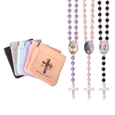Cutsom Photo Rosary Beads Necklace & Cross Birth Flower Rosary Pouch Set, Remembrance Bereavement, Christening Religious Gift, Loss Gift for Women