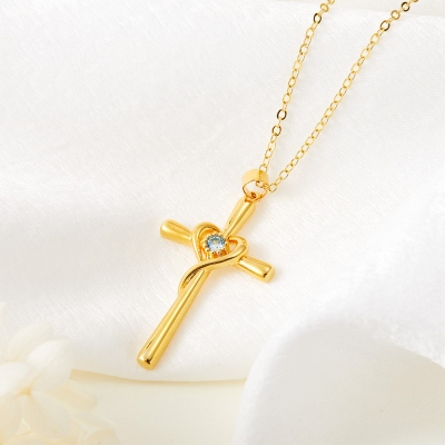 Personalized Dainty Cross Heart Necklace, Custom Birthstone Minimalist Christian Jewelry, Mother's Day/Birthday Gift for Mom/Grandmom/Her
