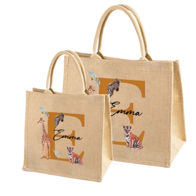 Personalized Safari Party Burlap Tote Bag, Jungle Animals Jute Bag, Large Capacity Grocery Bag, Baby Shower Party Favor, Gift for New Mom/Family/Kids