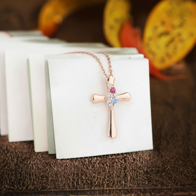 Personalized Birthstone Cross Necklace, Dainty Sterling Silver Crucifix Necklace, Christening/First Communion Gift, Gift for Family/Friend/Women