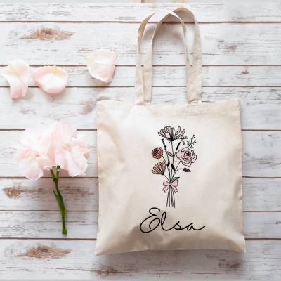 Personalized Birth Flower & Name Minimalism Canvas Bag, Pink Bow Bouquet Tote Bag, Bachelor Party Favor, Gift for Bridesmaid/Bestie/Her