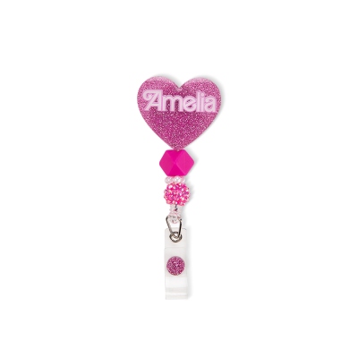 Personalized Pink Doll Heart Badge Reel, Custom Name Glitter Beaded Retractable Badge Reel, Medical Badge Holder, Gift for Nurse/Teacher/Office Worker