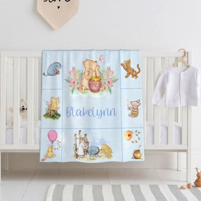 Personalized Name Cute Bear Blanket for Baby Girl, Colorful Cartoon Animal Blanket, Nursery Decor, Baby Shower Gift, Gift for Newborn/Toddler/Baby