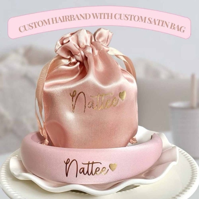 Personalized Satin Hairband & Rose Gold Pouch, Custom Name Headband with Pouch, Bridal Shower Gift, Gifts for Bridesmaids