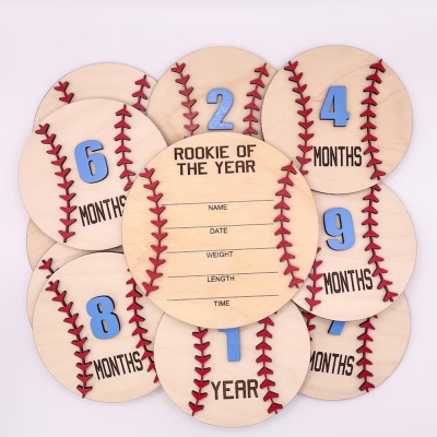 Baby Baseball Monthly Wooden Milestone Discs, Announcement Photo Prop Sign with Birth Stats, Personalized Baby Shower Gift