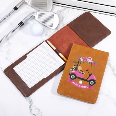 Custom Leather Golf Scorecard Holder, Golf Yardage Book Cover in Pink Rose Golf Cart Design, Golf Accessories, Gift for Female Golfer/Her/Bridesmaids