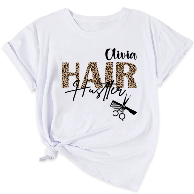Personalized Name Leopard Print Hair Stylist Shirt, Hair Hustler T-Shirt/Sweatshirt, Hair Salon Favor, Gift for Hairstylist/Hairdresser/Cosmetologist