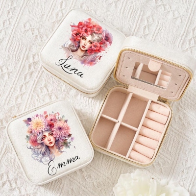 Custom Name Birth Flower Girl Velvet Jewelry Case, Girl with Bouquet Travel Jewelry Box, Bridal Party Favor, Birthday/Wedding/Anniversary Gift for Her