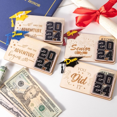 Personalized Name Graduation Money & Gift Card Holder, Custom Class of 2024 Graduation Cap Wood Card Box with Quote, Gift for Graduates/Students