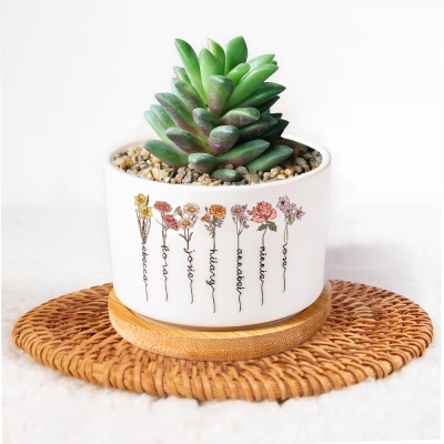 Custom Birth Flowers Mini Succulent Plant Pot, Small Cute Cactus Ceramic Planter with Drainage for Indoor, Mother's Day Gift for Gardener/Mom/Grandma
