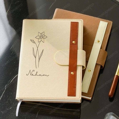 Personalized Birth Flower Teacher Notebook, Custom Name Teacher Planner Book, Leather Notebook with Pen Holder, Gift for Teacher/Classmate, Gift for Her