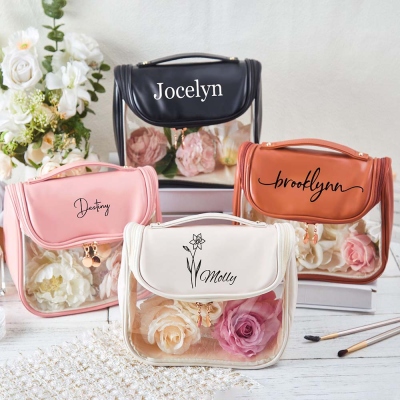 Bridesmaid Makeup Bag, Personalized Birth Flower Makeup Bag, Leather Toiletry Bag, Custom Cosmetic Bag, Bridesmaid Proposal, Birthday Gift