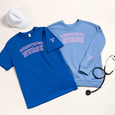 Personalized Registered Nurse Unisex Shirt with Name on Sleeve, Custom Embossed Nurse Crewneck T-Shirt/Sweatshirt, Gift for Nurse/Medical Staff