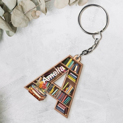 Personalized Name Bookshelf Keychain, Custom Initial Book Wood Keychain, Keychain for Librarian, Gift for Bookworm/Book Lover, Gifts for Him/Her