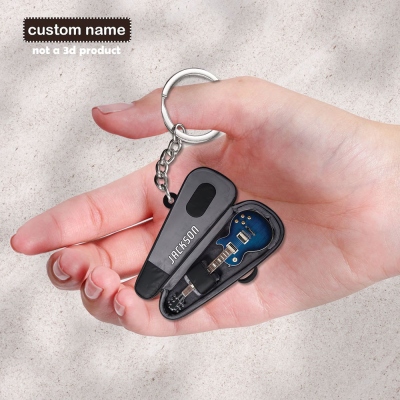 Personalized Name Electric Guitar Keychain, 2D Flat Guitar Keychain, Custom Guitarist Keychain, Gifts for Guitar Lovers