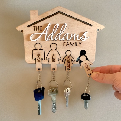 Gepersonaliseerde familienamen houten sleutelhanger, aan de muur gemonteerde sleutelhouder, sleutelrekorganisator, woondecoratie voor entree/hal, cadeau voor familie/moeder/vader