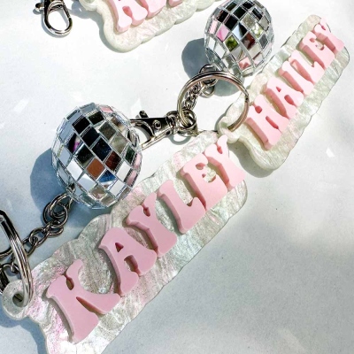 Personalized Name Tag Keychain with Disco Ball, Custom Name Acrylic Keychain, Bag Accessory, Trendy Gift for Her