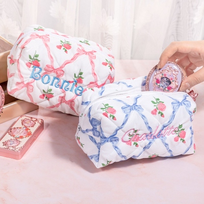 Personalized Embroidered Name Pink Bow Floral Cosmetic Bag, Coquette Rose Soft Makeup Bag, Travel Toiletry Bag, Gift for Girlfriend/Daughter/Her