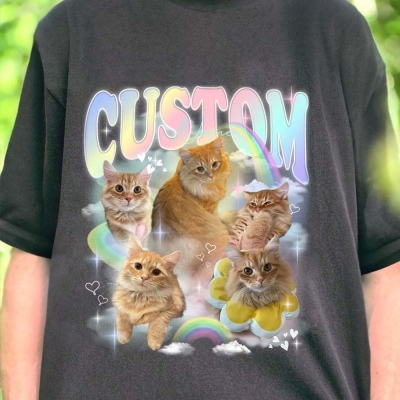 Gepersonaliseerd retro gewassen huisdier foto regenboog T-shirt, op maat gemaakt grappig huisdier Memorial shirt met naam, cadeau voor dierenliefhebber/hond moeder/kattenliefhebber