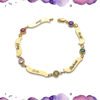 Bracelet personnalisé avec pierre de naissance à noms multiples, bracelet minimaliste en argent sterling, bijoux de famille, cadeau d'anniversaire/fête des mères pour maman/grand-mère/elle