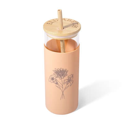 Personalisierter Becher mit Geburtsblume und Namen und Silikonhülle, wiederverwendbarer Reisebecher mit Strohhalm und Bambusdeckel, Geburtstagsgeschenk für Mama/Großmutter/Sie