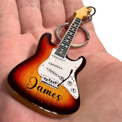 Personalized Name Handmade Mini Acoustic & Electric Guitar Keyring, Wooden Guitar Shape Keychain, Gift for Music Lover, Guitarist Gifts, Gift for Him/Her