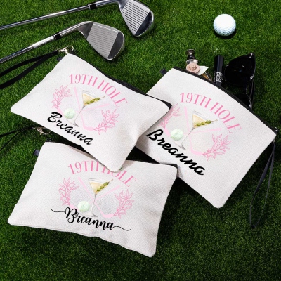 Personalized Name Cocktail Golf Cosmetic Bag, Boho Minimalist Makeup Bag, Travel Toiletry Bag with Wrist Strap, Gift for Female Golfer/Coach/Her