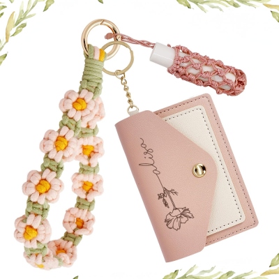 Porte-clés personnalisé de portefeuille de fleur de naissance avec bracelet et porte-rouge à lèvres Boho Daisy, bracelet au crochet, porte-clés de voiture et sac à main floral, cadeau pour elle