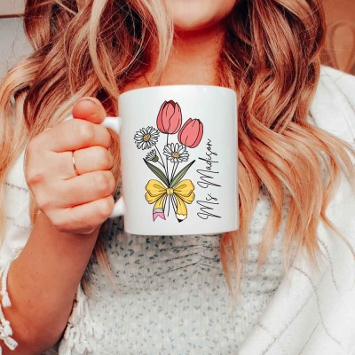 Personalized Birth Flower Teacher Mug, Custom Teacher Name Coffee Mug, Birth Month Bouquet, Teacher Appreciation Gift, Back to School, 1st Day of School