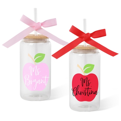 Personalized Apple Bow Teacher Glass Coffee Cup, 16oz Tumbler with Straw & Bamboo Lid, Teacher's Day/Back to School/End of Year Gift for Teacher