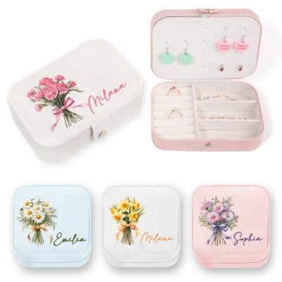 Personalized Name Birth Flower Jewelry Box, PU Leather Flower Bouquet Travel Jewelry Case, Mother's Day/Birthday/Bridal Gift for Mom/Bridesmaids/Her