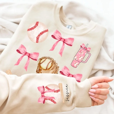 Personalized Name Coquette Bow Baseball Sweatshirt, Custom Multicolor Baseball Mom Sweatshirt, Sports Accessory, Gift for Baseball Lover/Team/Player