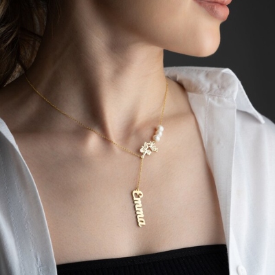 Personalized Birth Flower Pearl Lariat Name Necklace, Pearl Celestial Pendant, Unique Birth Flower Pearl Lariat Necklace