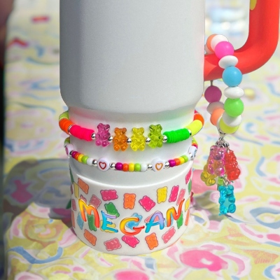 Custom Name Neon Gummy Bears Tumbler Accessories, Multicolor Tumbler Handle Cup Charms, Stacked Bracelet Beads, Birthday/Christmas Gift for Her