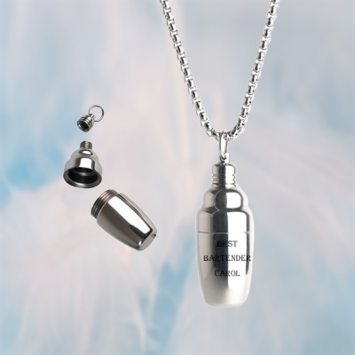 Collier shaker à cocktail avec nom personnalisé, pendentif en acier inoxydable d'art de barman minimaliste, cadeau d'anniversaire/anniversaire pour barman/lui/elle